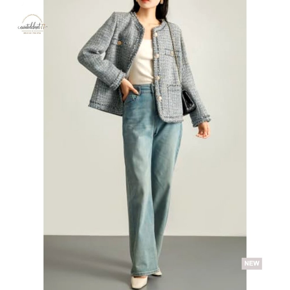 Tweed Blazer Jacket Button Down Collarless Office… - image 4